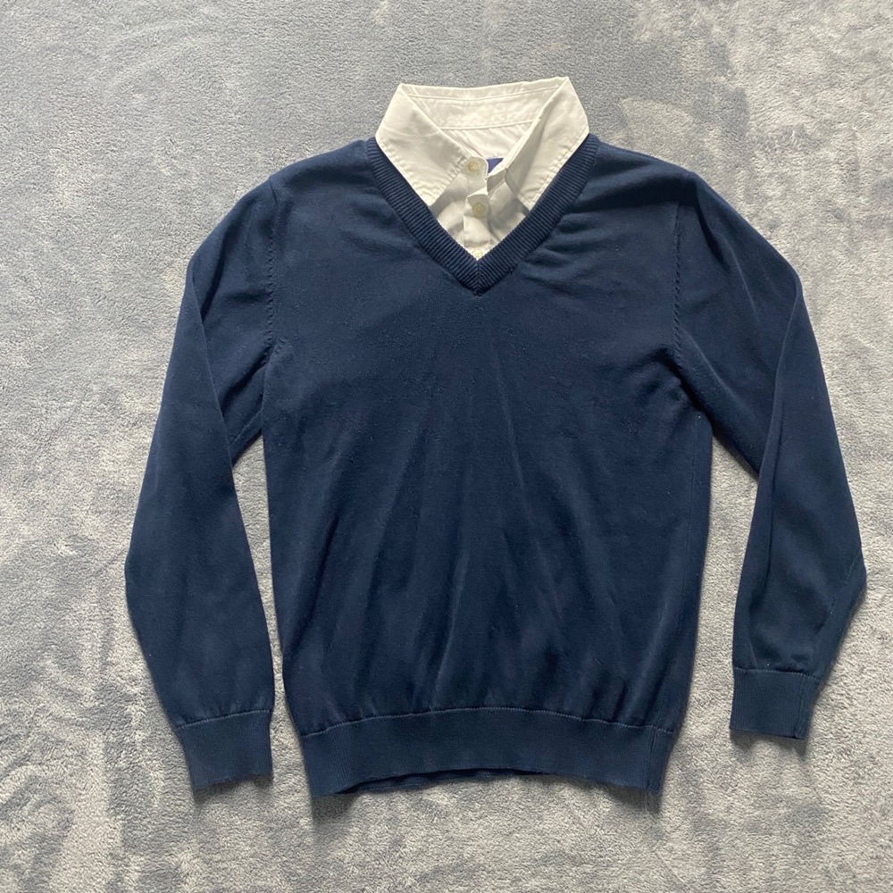 Basic Editions Collar Layered Top Womens Large Navy Blue V-Neck Sweater w/ White